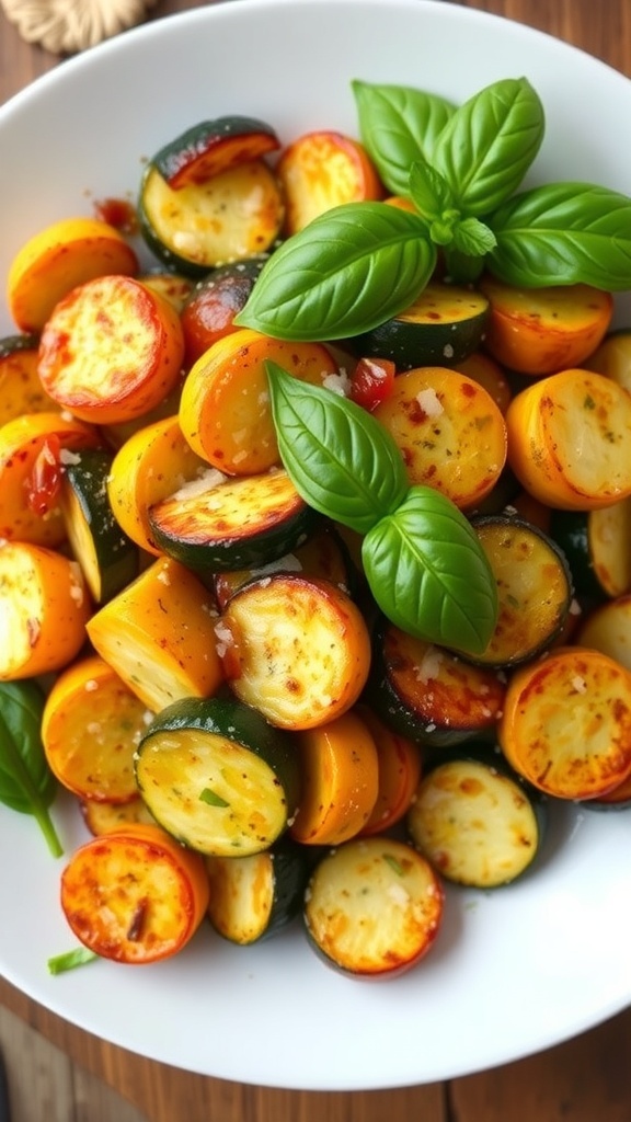 Sautéed zucchini and squash seasoned with herbs and Parmesan cheese, garnished with basil on a rustic table.